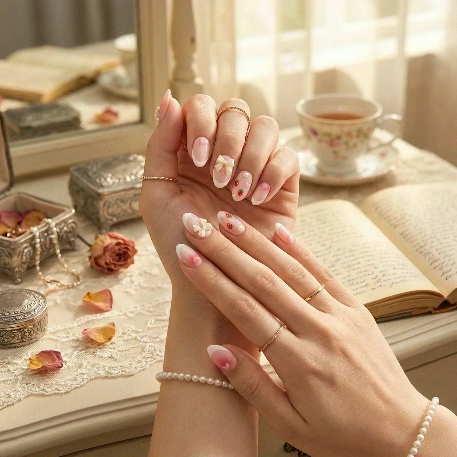 Short Oval French with 3D Bows and Strawberries — Aesthetic Korean Nail Art