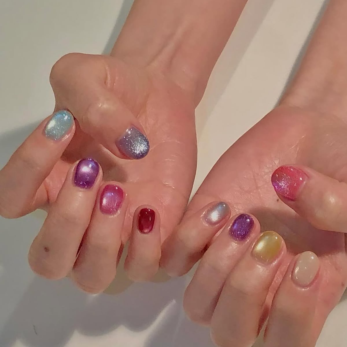 Short Square Multicolored Shimmer and Cat-Eye — Aesthetic Korean Nail Art