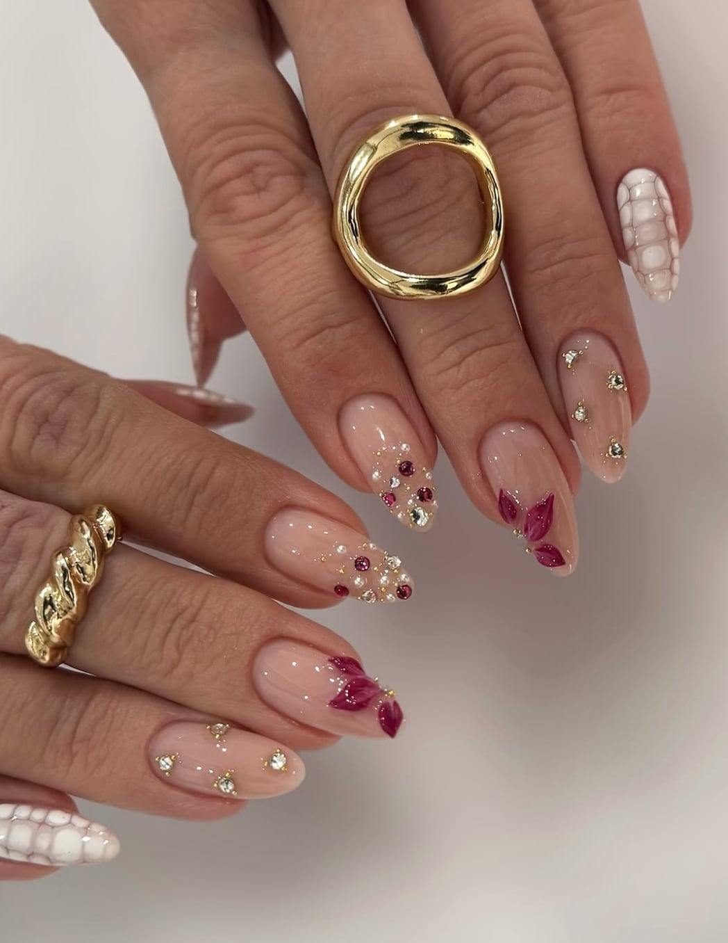 Medium Almond Nude with Floral Appliqués and Rhinestones — Aesthetic Korean Nail Art