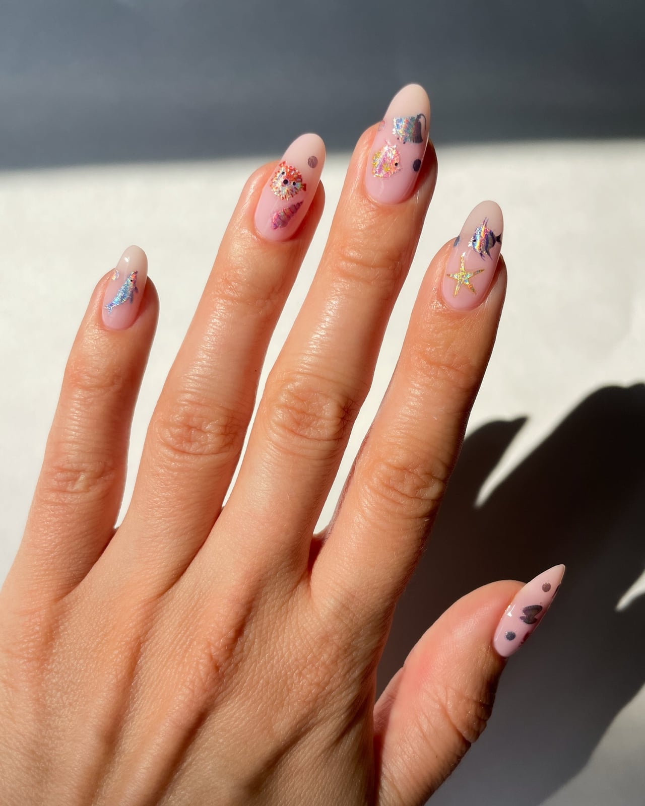 Short Almond Sheer Pink with Minimalist Line Art and Foil — Aesthetic Korean Nail Art