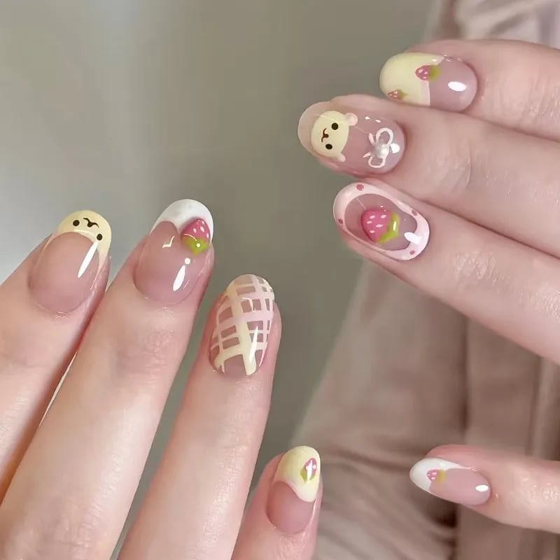 Medium Oval Pastel Plaid with Cute Illustrations — Aesthetic Korean Nail Art