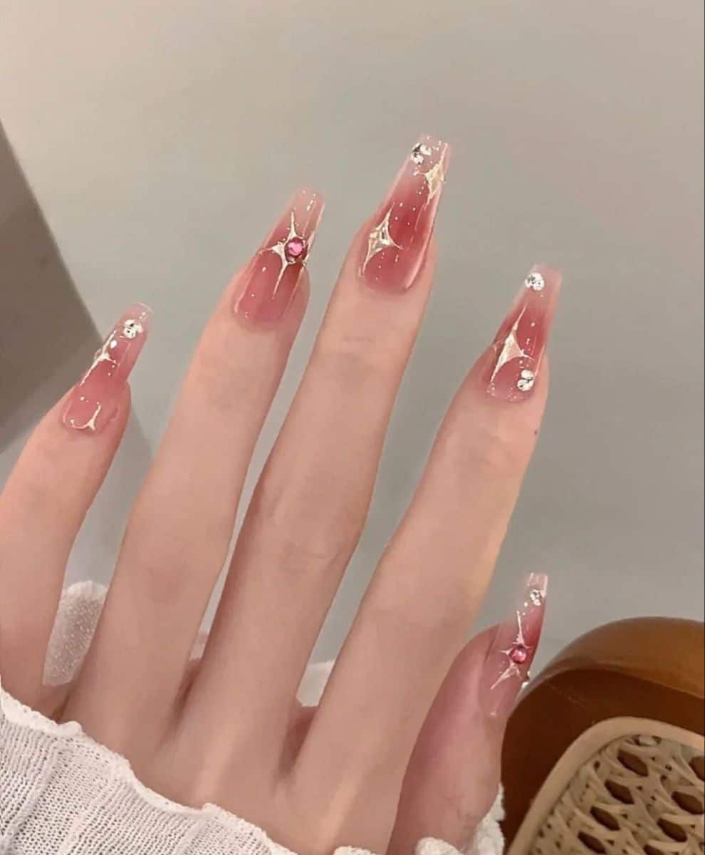Long Coffin Pink Gradient with Starbursts and Gems — Aesthetic Korean Nail Art