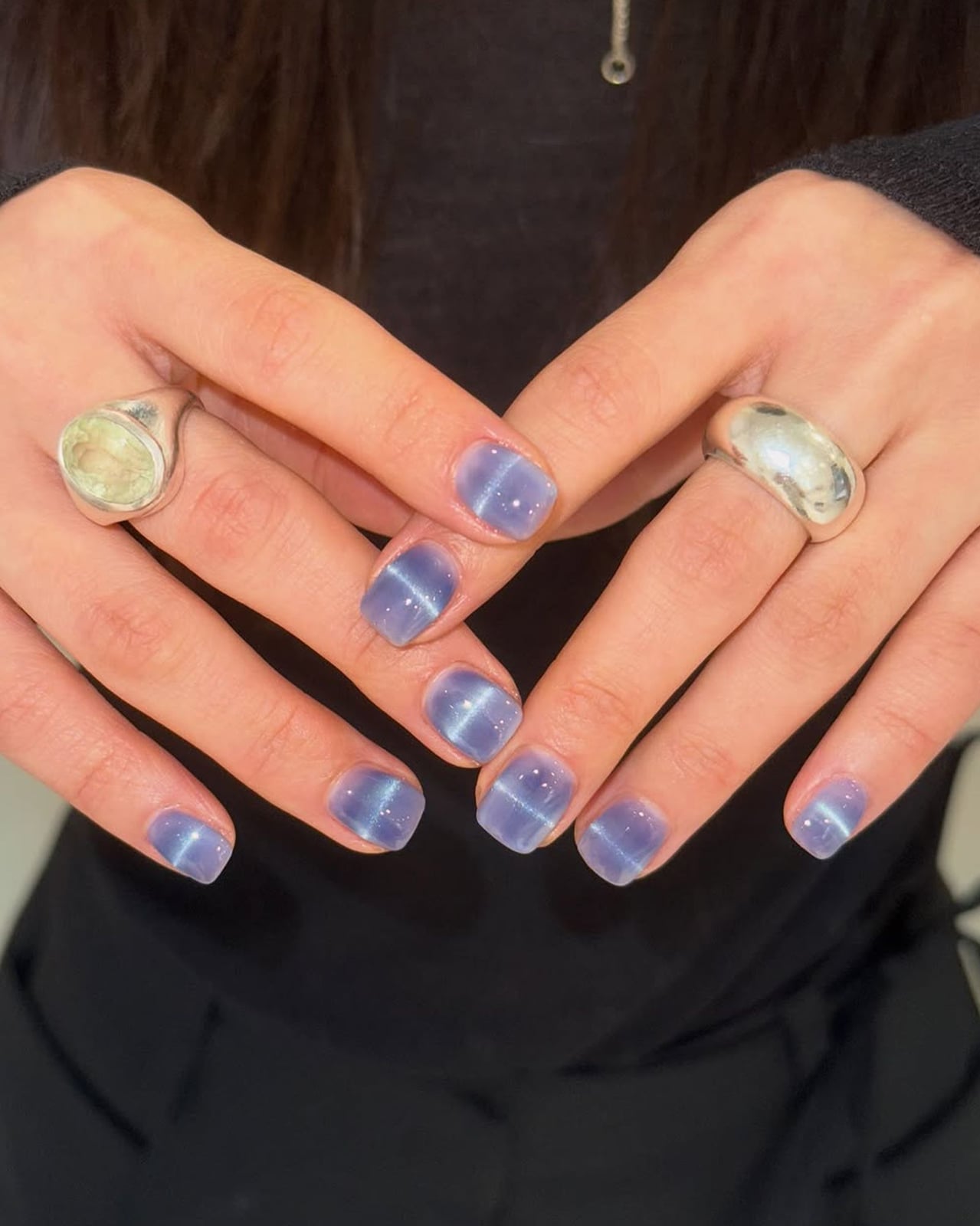 Short Square Periwinkle Blue Cat-Eye — Aesthetic Korean Nail Art