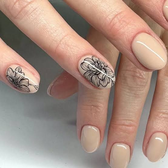 Medium Oval Sheer Nude with Black Floral Line Art — Aesthetic Korean Nail Art