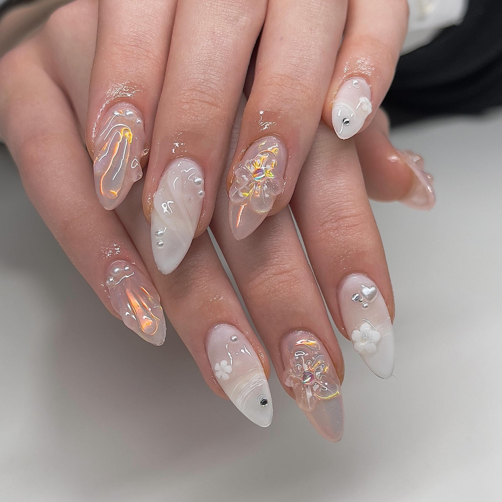 Medium Almond Milky White with 3D Florals and Pearls — Aesthetic Korean Nail Art