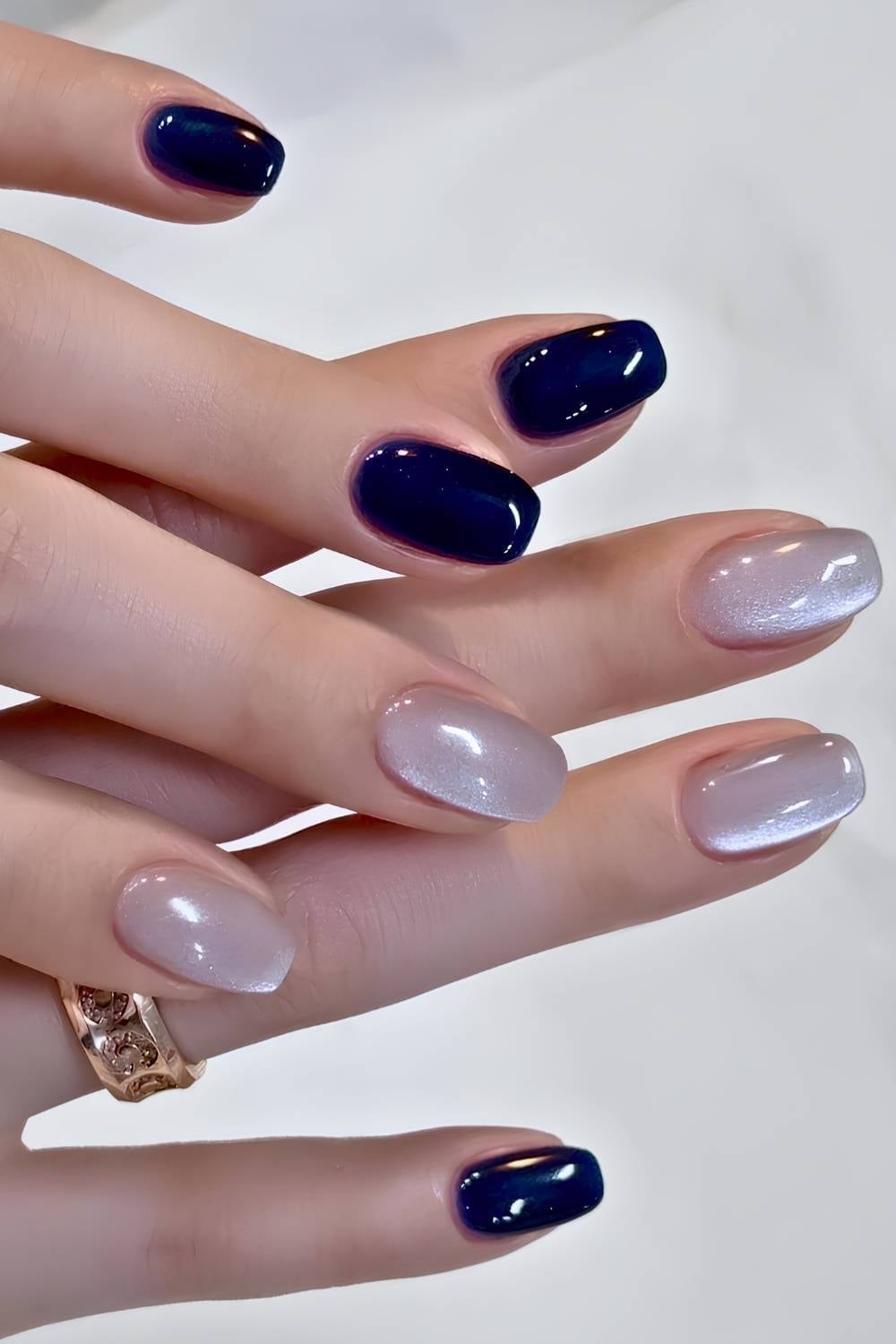 Short Almond Navy and Gray Cat-Eye Contrast — Aesthetic Korean Nail Art