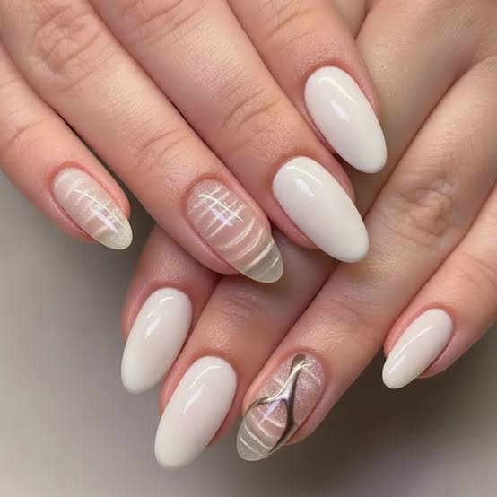 Medium Oval Milky White with Shimmer Geometric Lines — Aesthetic Korean Nail Art