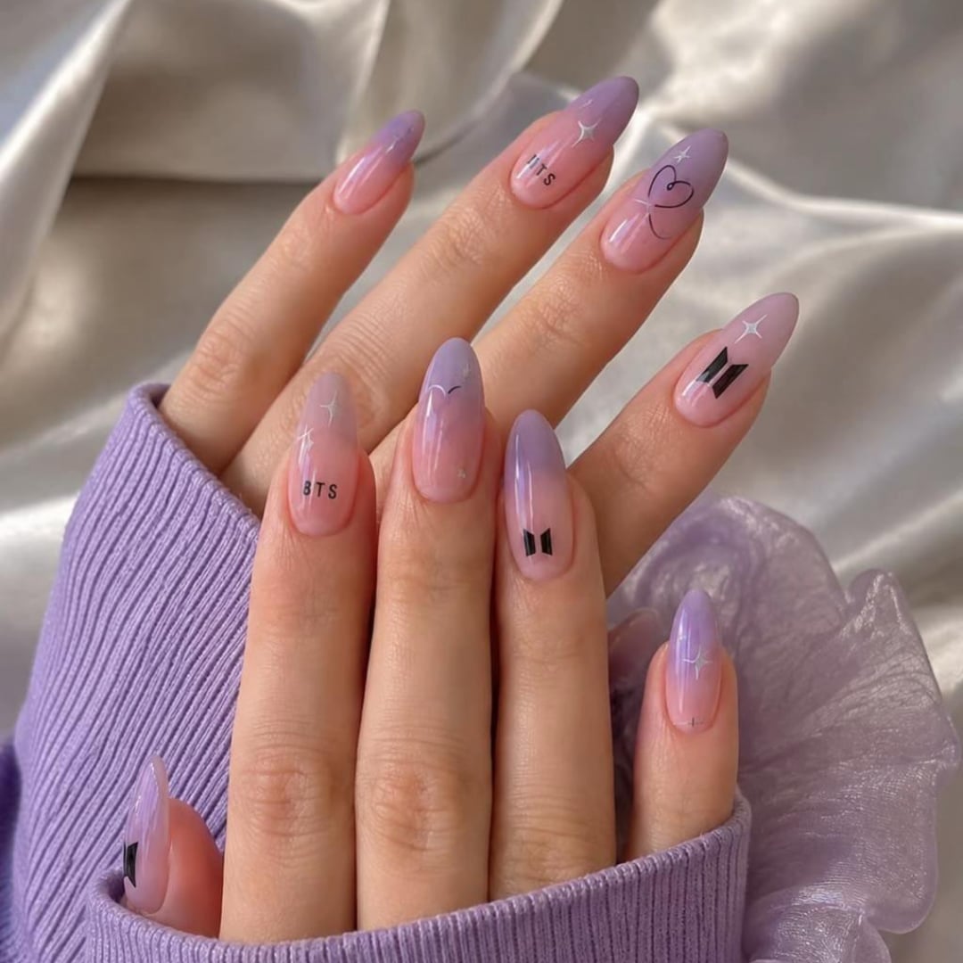 Long Almond Pink Purple Gradient with BTS Logos — Aesthetic Korean Nail Art