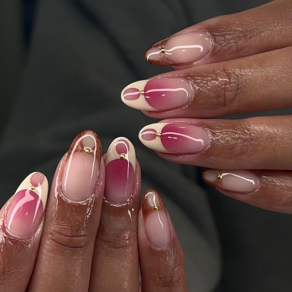Medium Oval Nude Gradient French with Gold Beads — Aesthetic Korean Nail Art