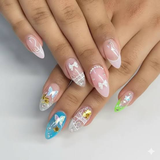 Medium Almond Milky Pink with Lace, Bows, and Butterflies — Aesthetic Korean Nail Art