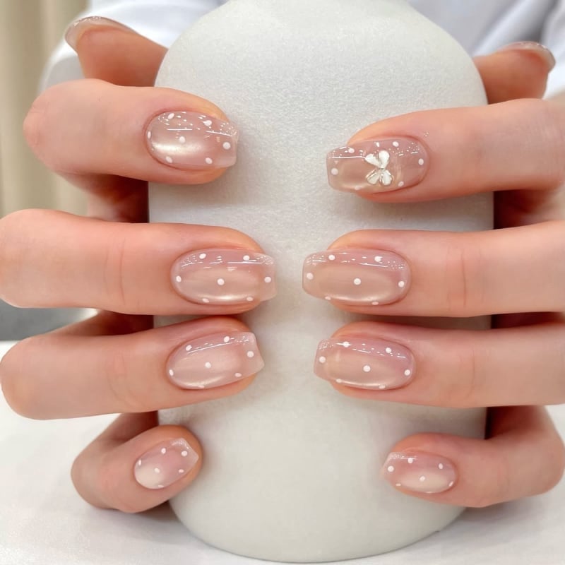 Short Square Milky Polka Dots with Tiny Bow — Aesthetic Korean Nail Art