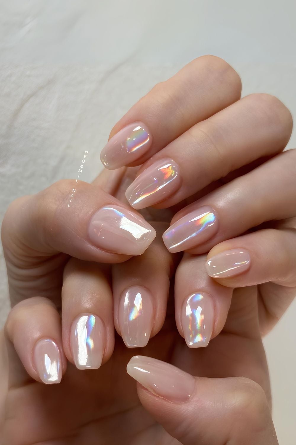 Short Oval Milky White and Nude with Chrome — Aesthetic Korean Nail Art