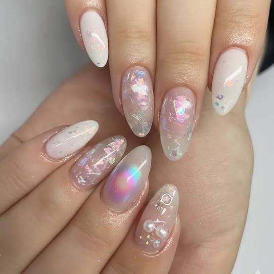 Medium Almond Pearlescent with Iridescent Flakes and Pearls — Aesthetic Korean Nail Art