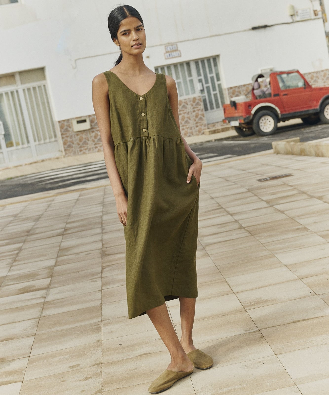 Olive Green Sleeveless Linen Dress with V-neck Olive Green Sleeveless Linen Dress with V-neck — Aesthetic Linen Dress