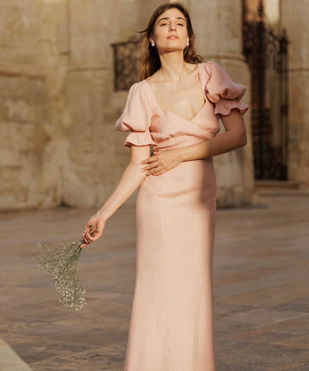 Pale Pink Linen Dress with Puff Sleeves Pale Pink Linen Dress with Puff Sleeves — Aesthetic Linen Dress