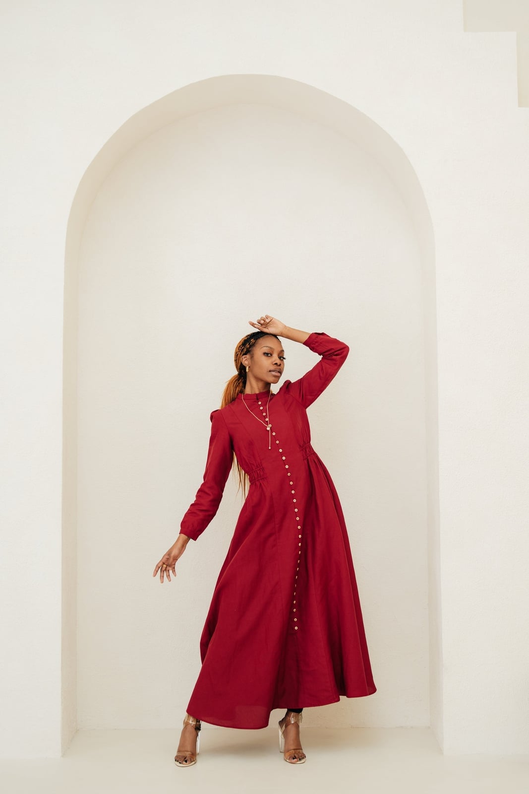 Maroon Linen Dress with Button Front Maroon Linen Dress with Button Front — Aesthetic Linen Dress