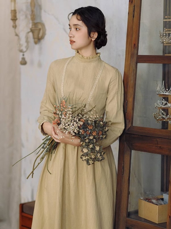 Beige Long Sleeve Linen Cotton Dress Beige Long Sleeve Linen Cotton Dress — Aesthetic Linen Dress