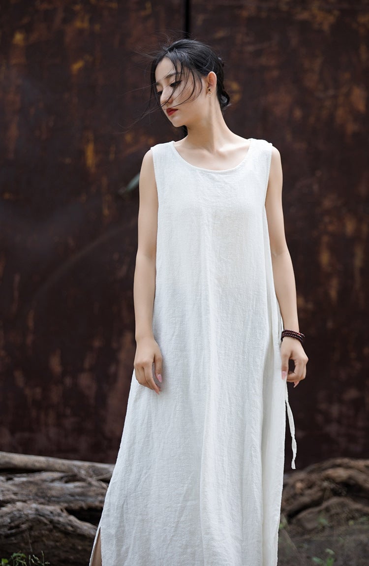 White Sleeveless Maxi Dress with Side Slit, Close-Up Take White Sleeveless Maxi Dress with Side Slit, Close-Up Take — Aesthetic Linen Dress