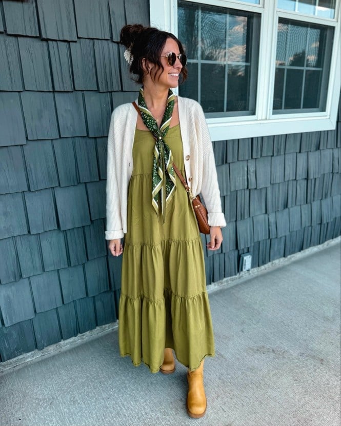 Olive Green Tiered Midi Dress With Yellow Ankle Boots Olive Green Tiered Midi Dress With Yellow Ankle Boots — Aesthetic Linen Dress