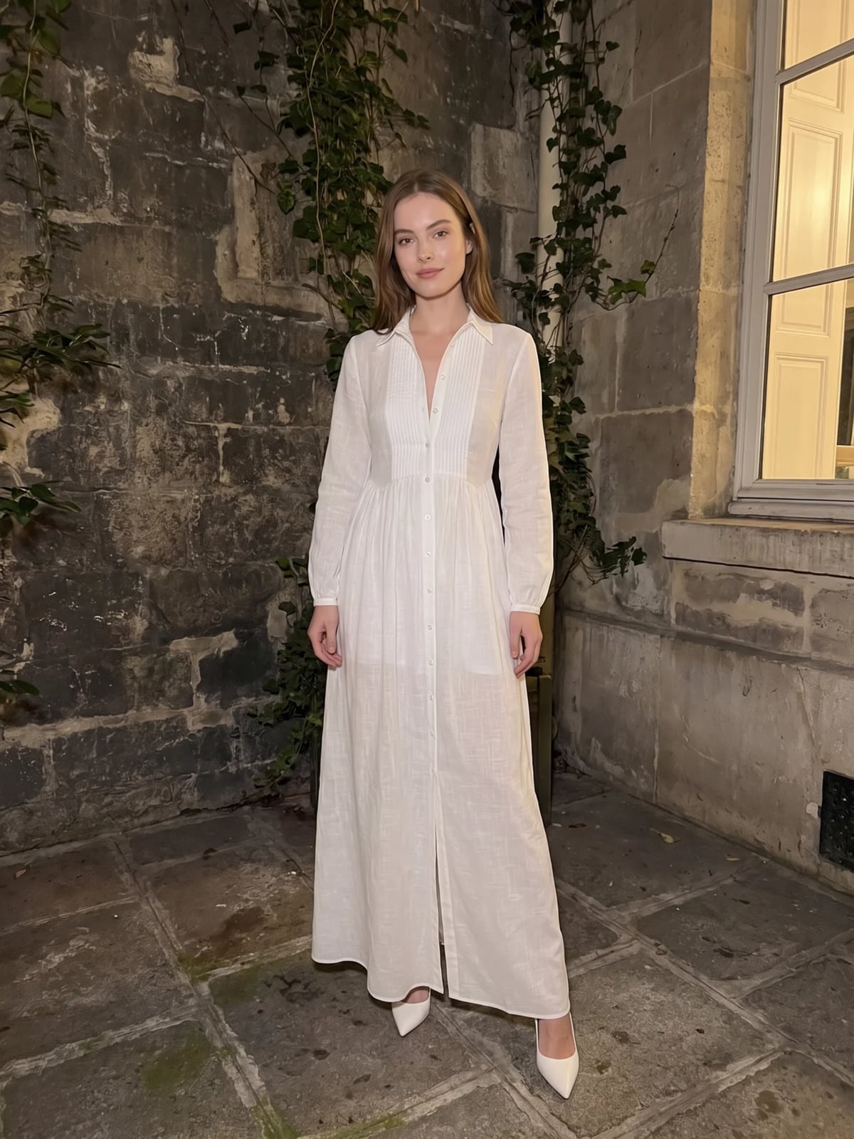 White Textured Linen Maxi Shirt Dress, Close-Up Take White Textured Linen Maxi Shirt Dress, Close-Up Take — Aesthetic Linen Dress