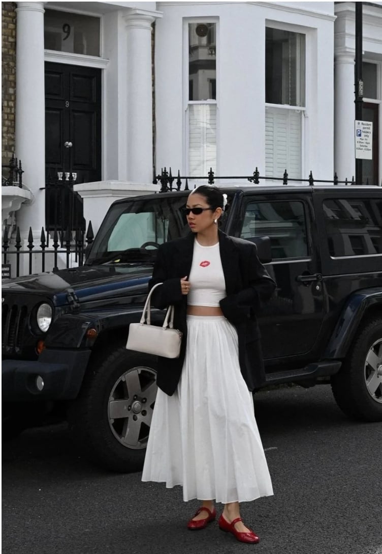 Chic Blazer Midi Skirt Mary Jane Style Chic Blazer Midi Skirt Mary Jane Style — Aesthetic Mary Janes Outfit