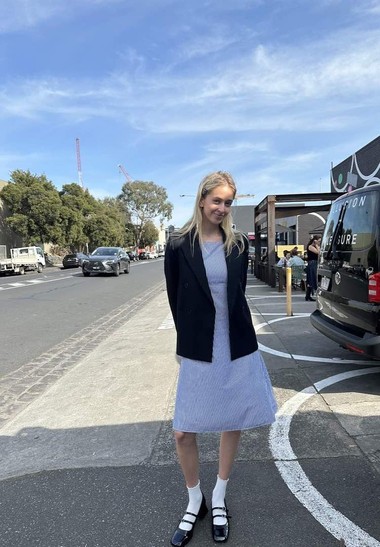 Striped Dress Blazer Mary Jane Combination Striped Dress Blazer Mary Jane Combination — Aesthetic Mary Janes Outfit