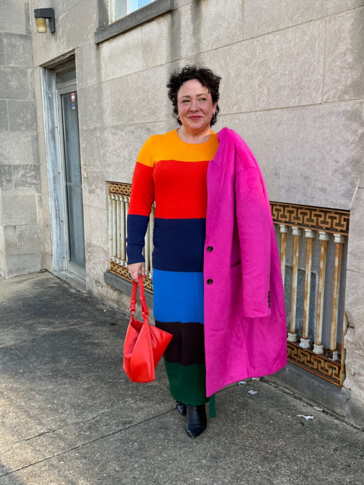Striped Dress with Pink Coat Striped Dress with Pink Coat — Aesthetic Midsize Outfits