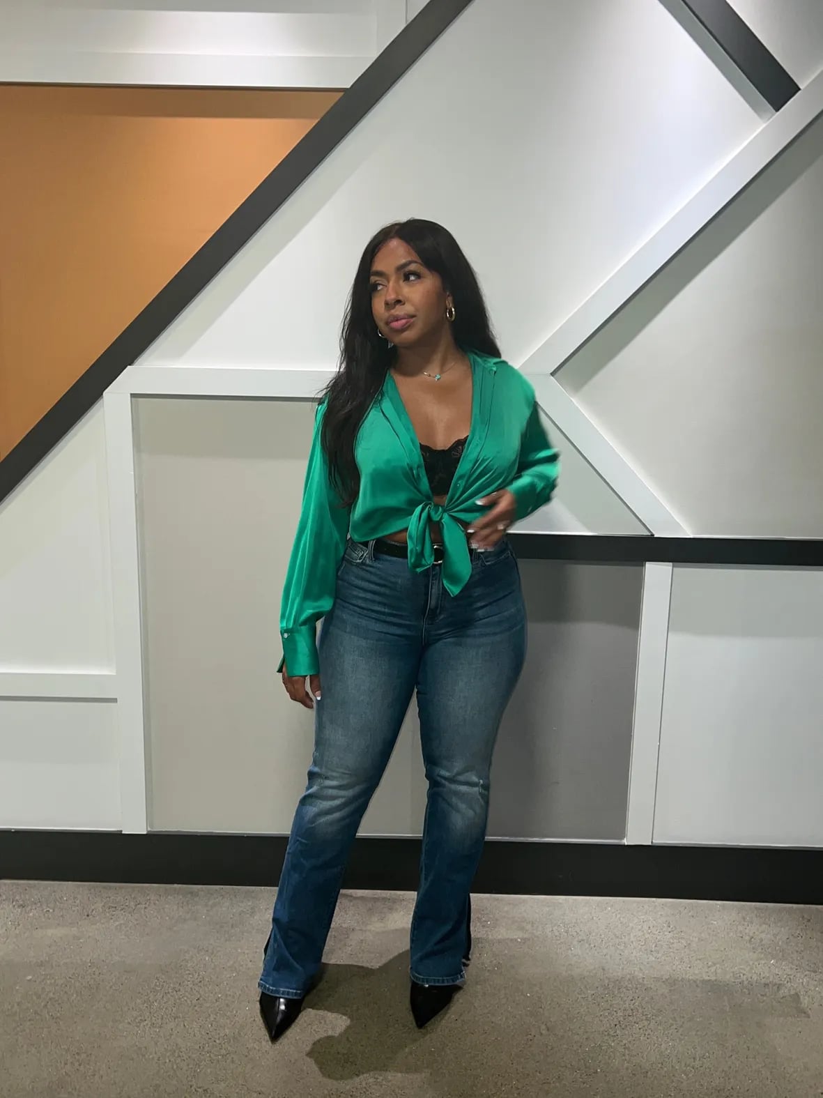 Green Satin Blouse and Denim Jeans Green Satin Blouse and Denim Jeans — Aesthetic Midsize Outfits