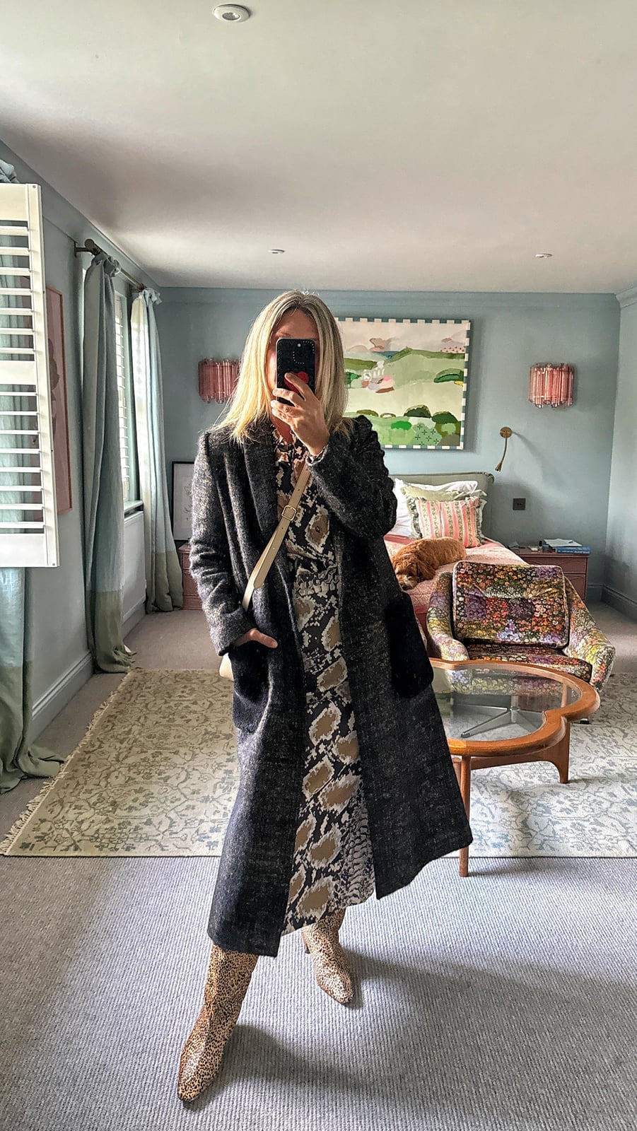 Textured Coat Over Snakeskin Dress Textured Coat Over Snakeskin Dress — Aesthetic Midsize Outfits