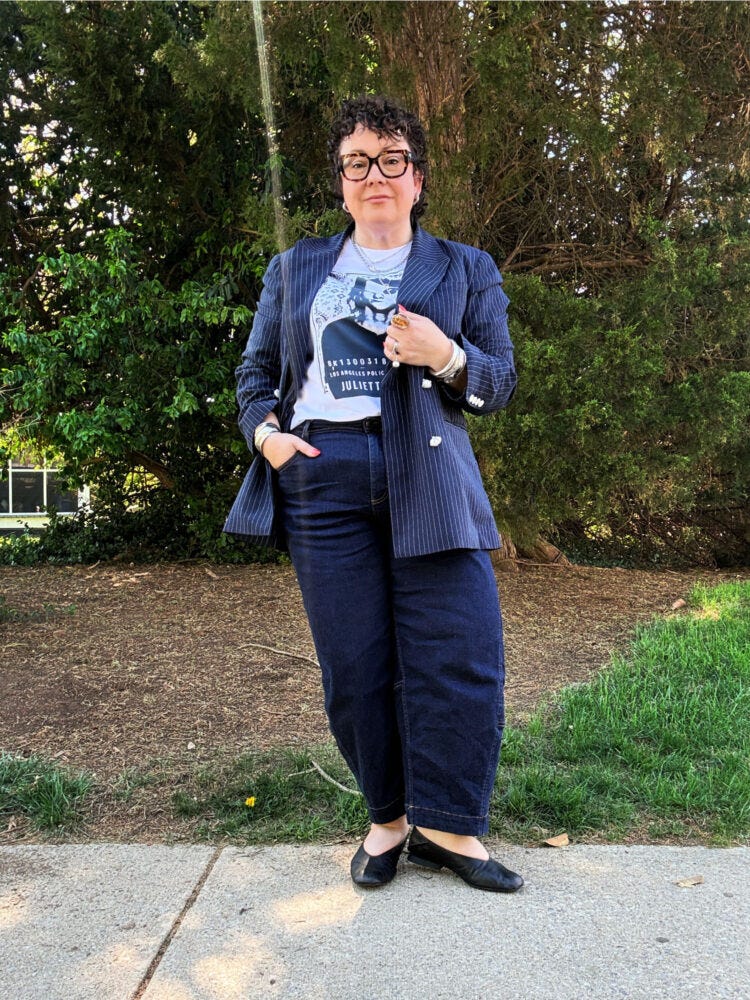 Pinstripe Blazer with Graphic T-shirt Pinstripe Blazer with Graphic T-shirt — Aesthetic Midsize Outfits