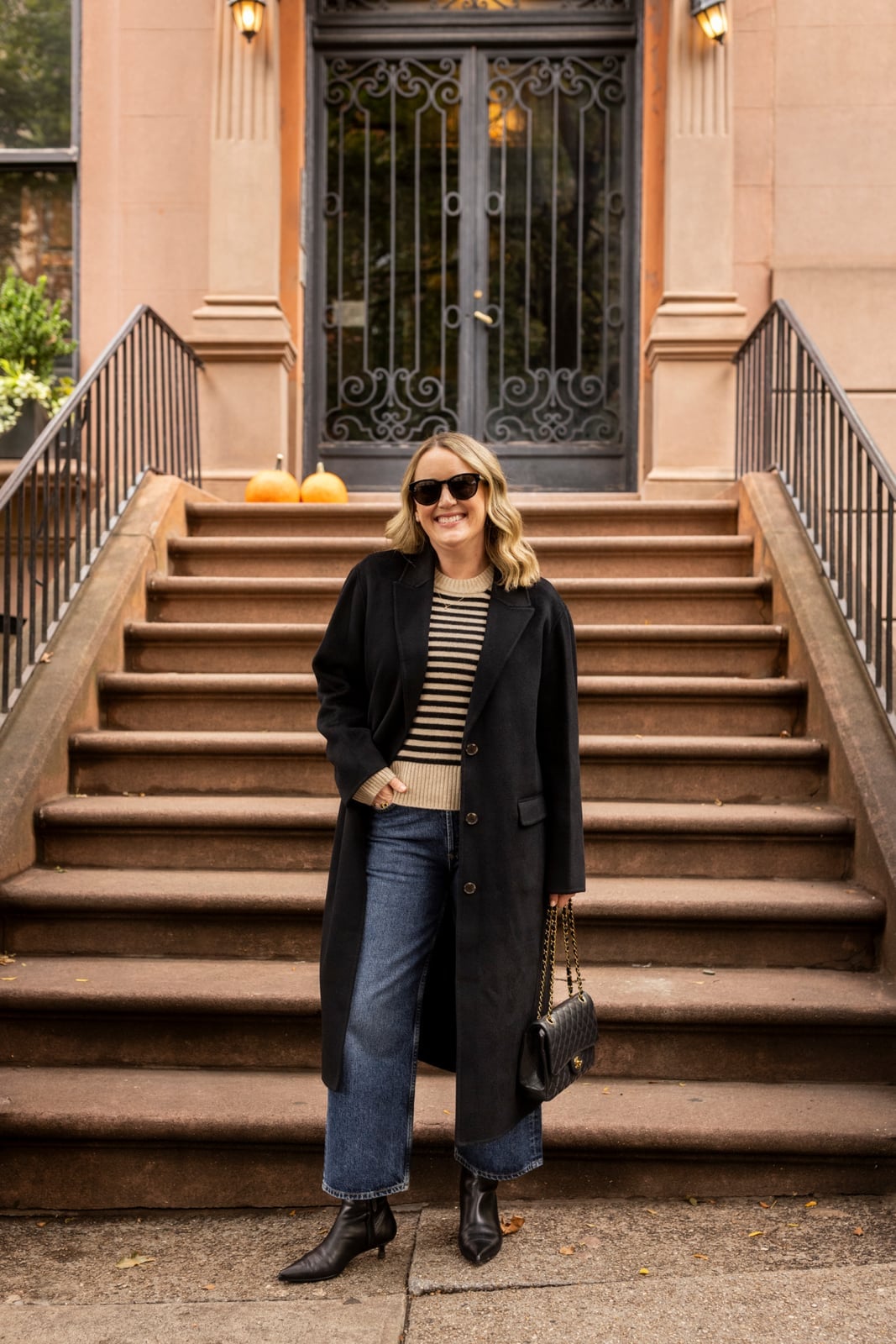 Long Black Coat with Striped Sweater Long Black Coat with Striped Sweater — Aesthetic Midsize Outfits