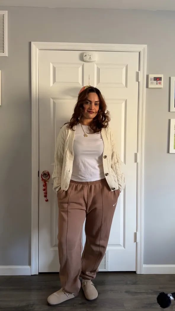 Cream Cardigan and Brown Track Pants Cream Cardigan and Brown Track Pants — Aesthetic Midsize Outfits