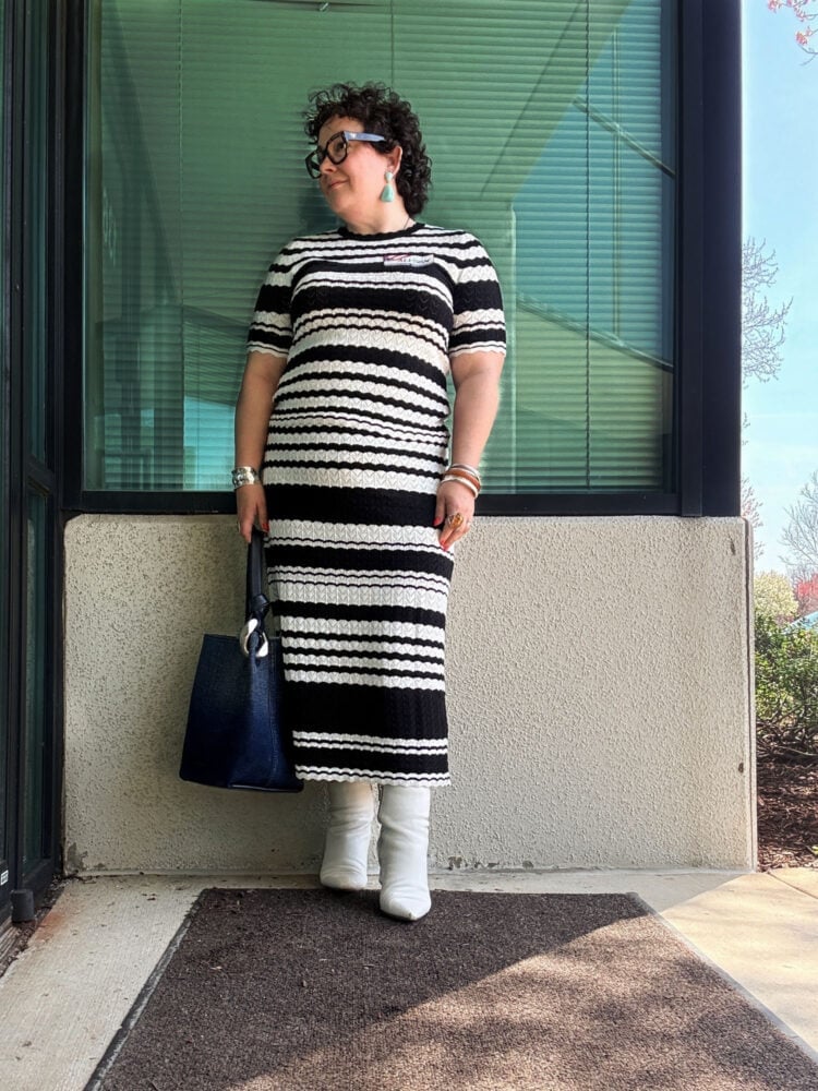 Striped Midi Dress with White Boots Striped Midi Dress with White Boots — Aesthetic Midsize Outfits
