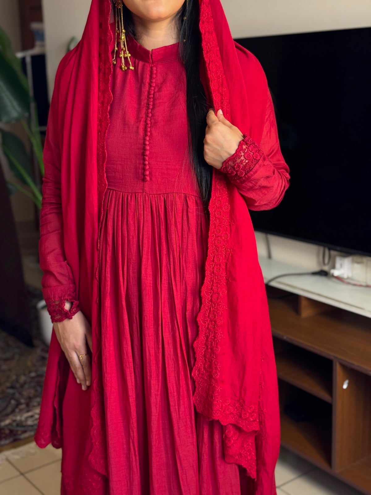 Red Anarkali Dress with Lace Trim Details Red Anarkali Dress with Lace Trim Details — Aesthetic Modest Dresses