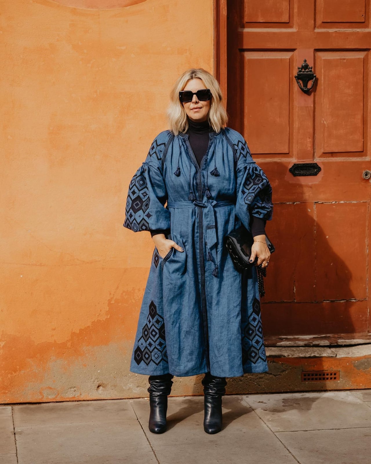 Blue Denim Midi Dress with Embroidered Sleeves Blue Denim Midi Dress with Embroidered Sleeves — Aesthetic Modest Dresses