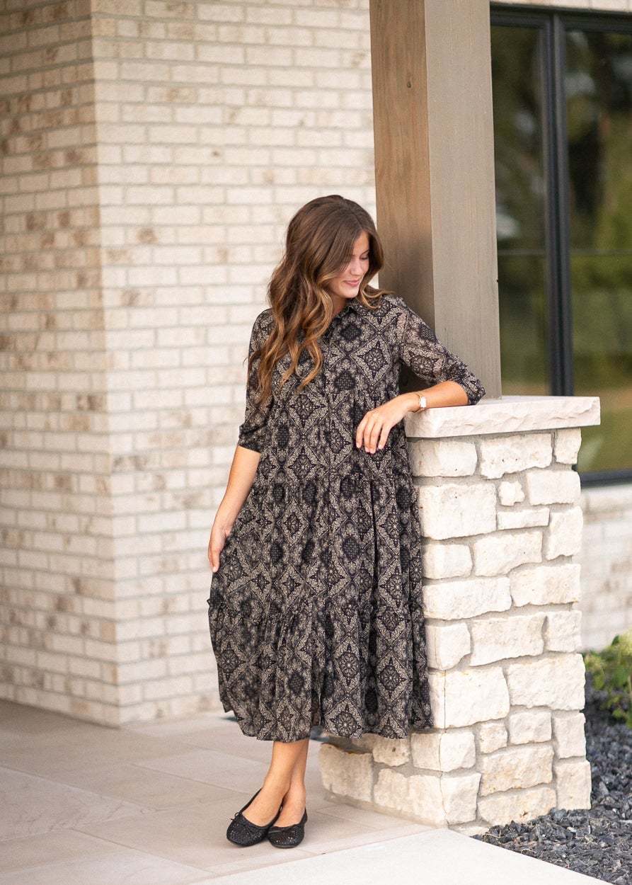 Black and Beige Geometric Print Tiered Midi Dress Black and Beige Geometric Print Tiered Midi Dress — Aesthetic Modest Dresses