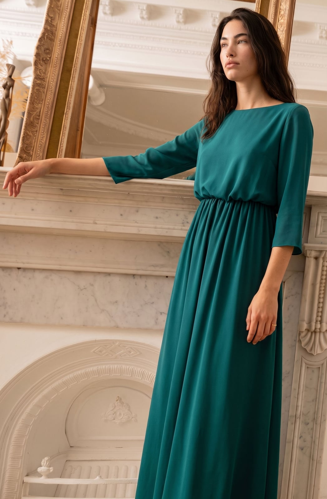 Teal Crepe A-Line Midi Dress with Cinched Waist Teal Crepe A-Line Midi Dress with Cinched Waist — Aesthetic Modest Dresses