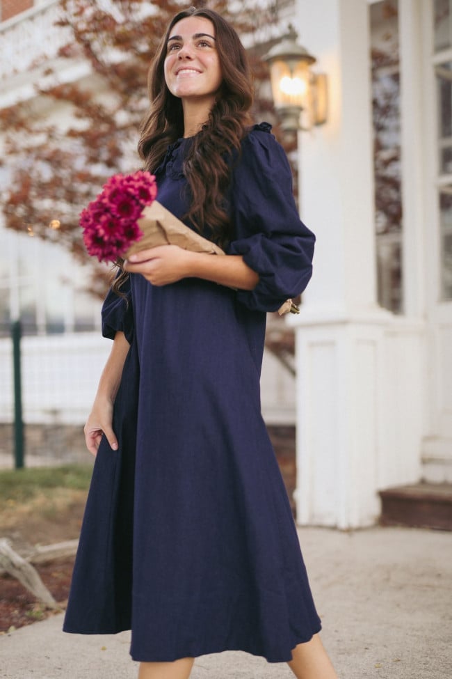Navy Blue A-Line Dress with Gathered Neckline Navy Blue A-Line Dress with Gathered Neckline — Aesthetic Modest Dresses