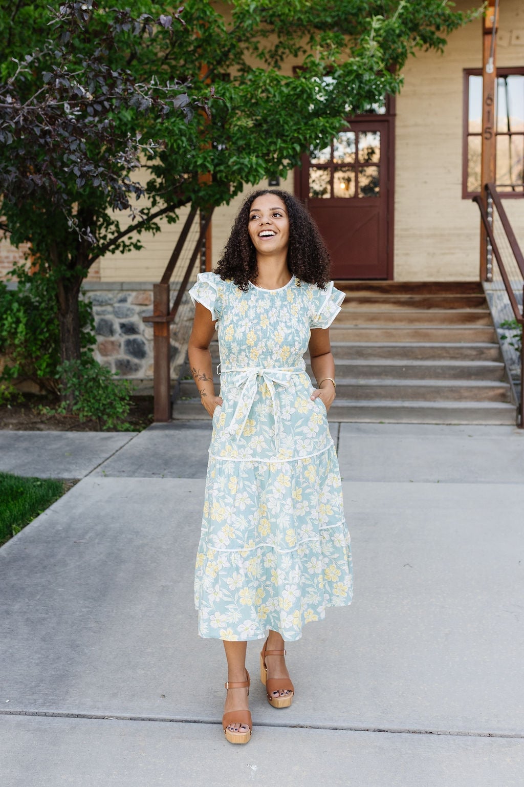 Mint Green Floral Print Midi Dress with Tiered Skirt Mint Green Floral Print Midi Dress with Tiered Skirt — Aesthetic Modest Dresses