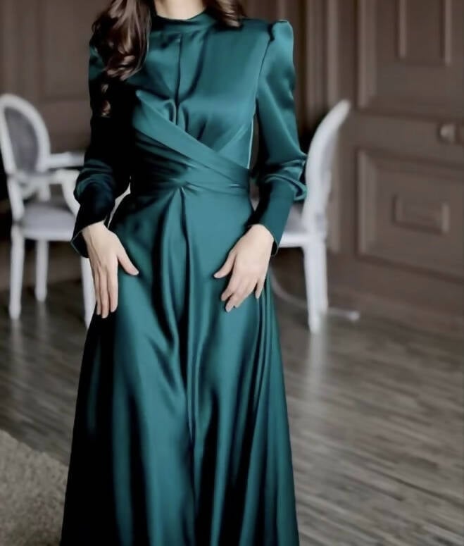 Emerald Green Satin Maxi Dress with Draped Neckline Emerald Green Satin Maxi Dress with Draped Neckline — Aesthetic Modest Dresses