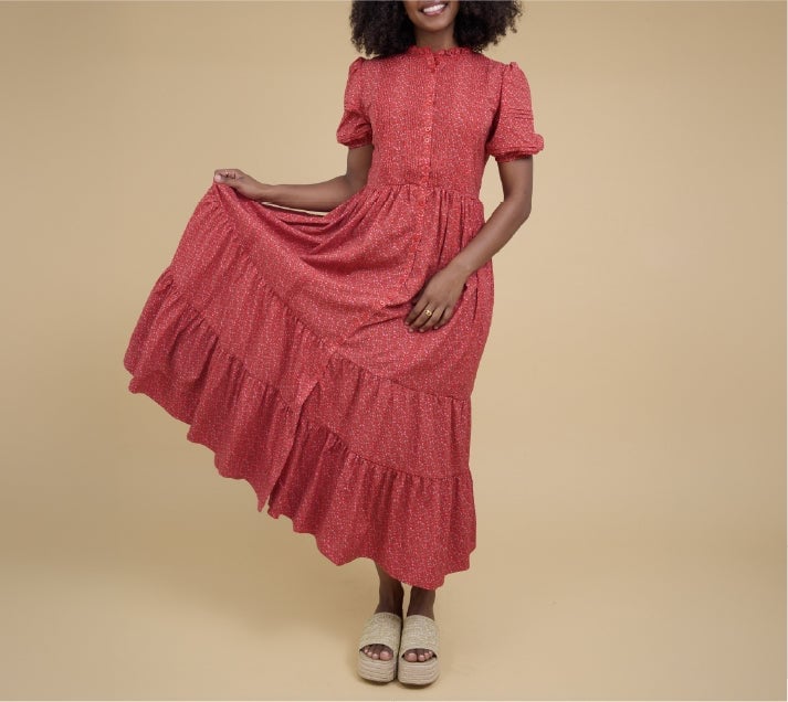 Red White Floral Tiered Ruffled Midi Dress Red White Floral Tiered Ruffled Midi Dress — Aesthetic Modest Dresses