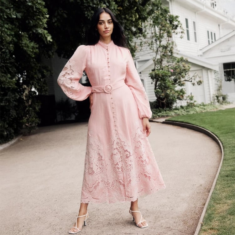 Light Pink Linen Blend Dress with Eyelet Lace Light Pink Linen Blend Dress with Eyelet Lace — Aesthetic Modest Dresses