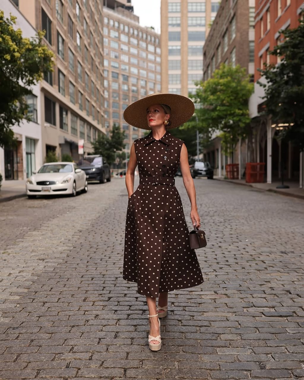 Brown and White Polka Dot Fit-And-Flare Midi Dress Brown and White Polka Dot Fit-And-Flare Midi Dress — Aesthetic Modest Dresses