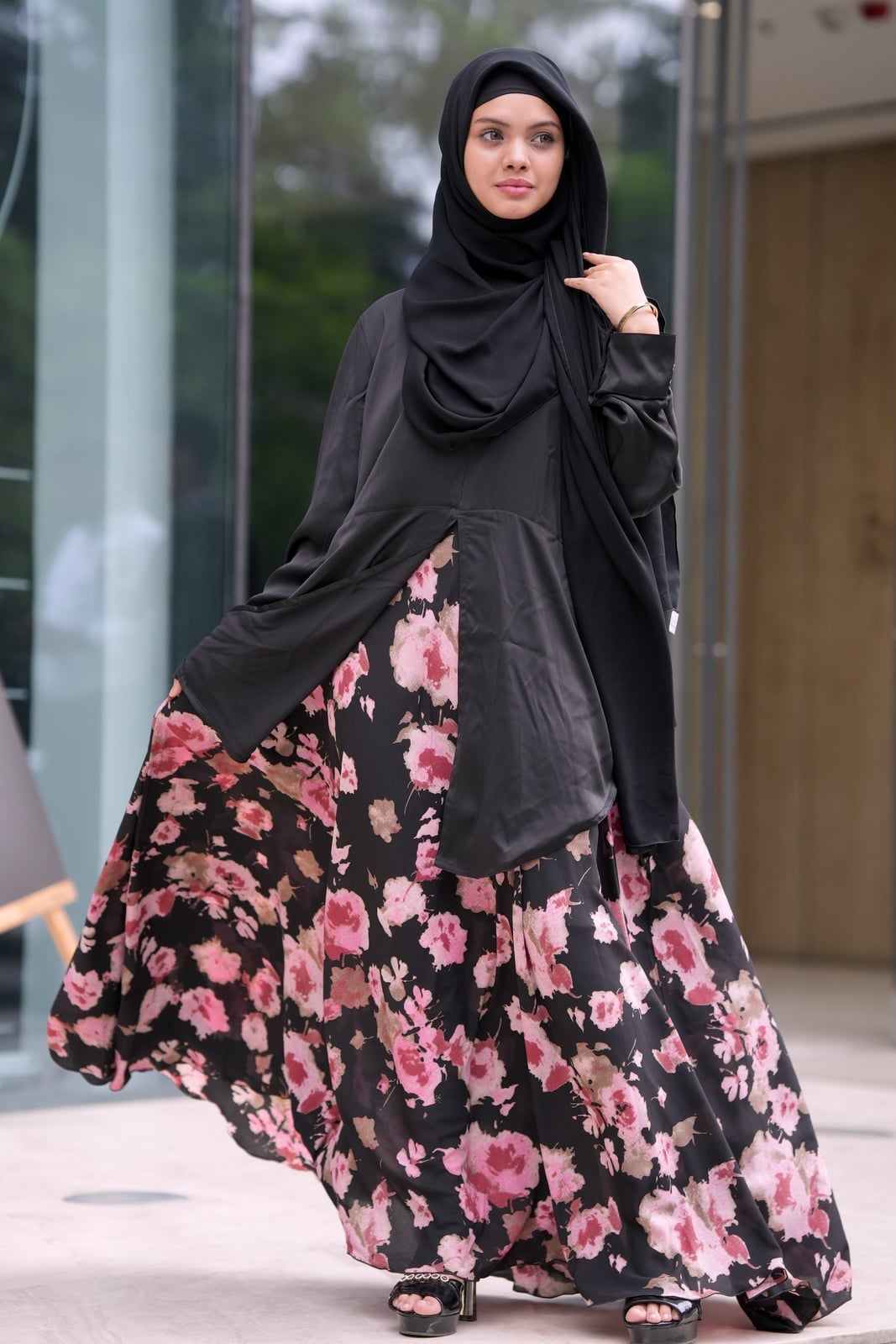 Layered Floral Print Dress with Black Outer Layer Layered Floral Print Dress with Black Outer Layer — Aesthetic Modest Dresses