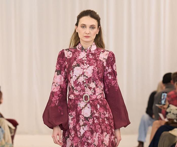 Pink and Burgundy Floral Print Dress with Balloon Sleeves Pink and Burgundy Floral Print Dress with Balloon Sleeves — Aesthetic Modest Dresses