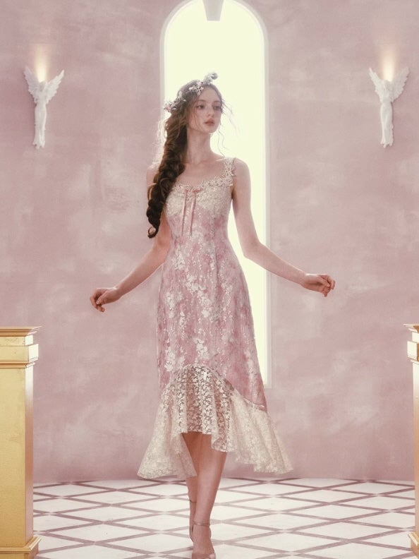 Pastel Pink Midi Dress with Lace Fishtail Hem Pastel Pink Midi Dress with Lace Fishtail Hem — Aesthetic Pastel Dress