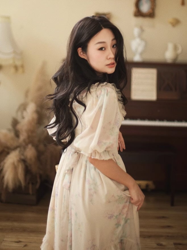 Cream Ruffled Floral Print A-line Dress Cream Ruffled Floral Print A-line Dress — Aesthetic Pastel Dress