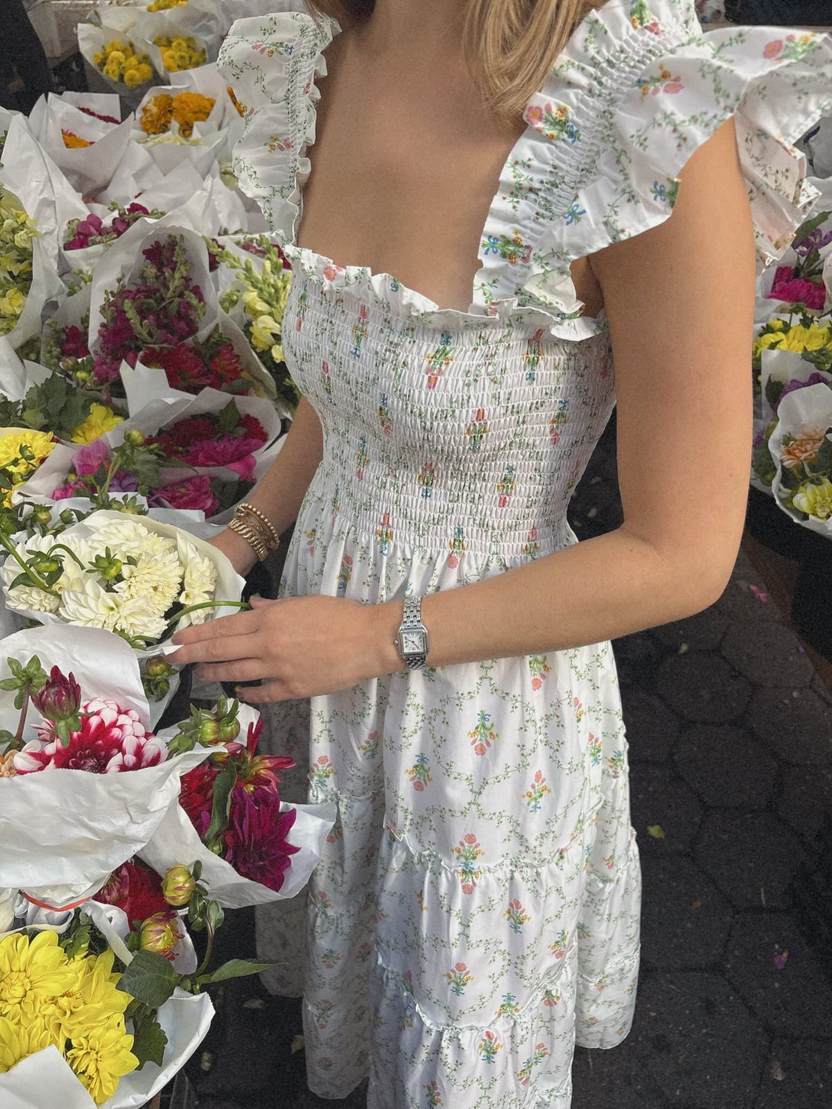 White Floral Print Smocked Bodice Midi Dress White Floral Print Smocked Bodice Midi Dress — Aesthetic Pastel Dress