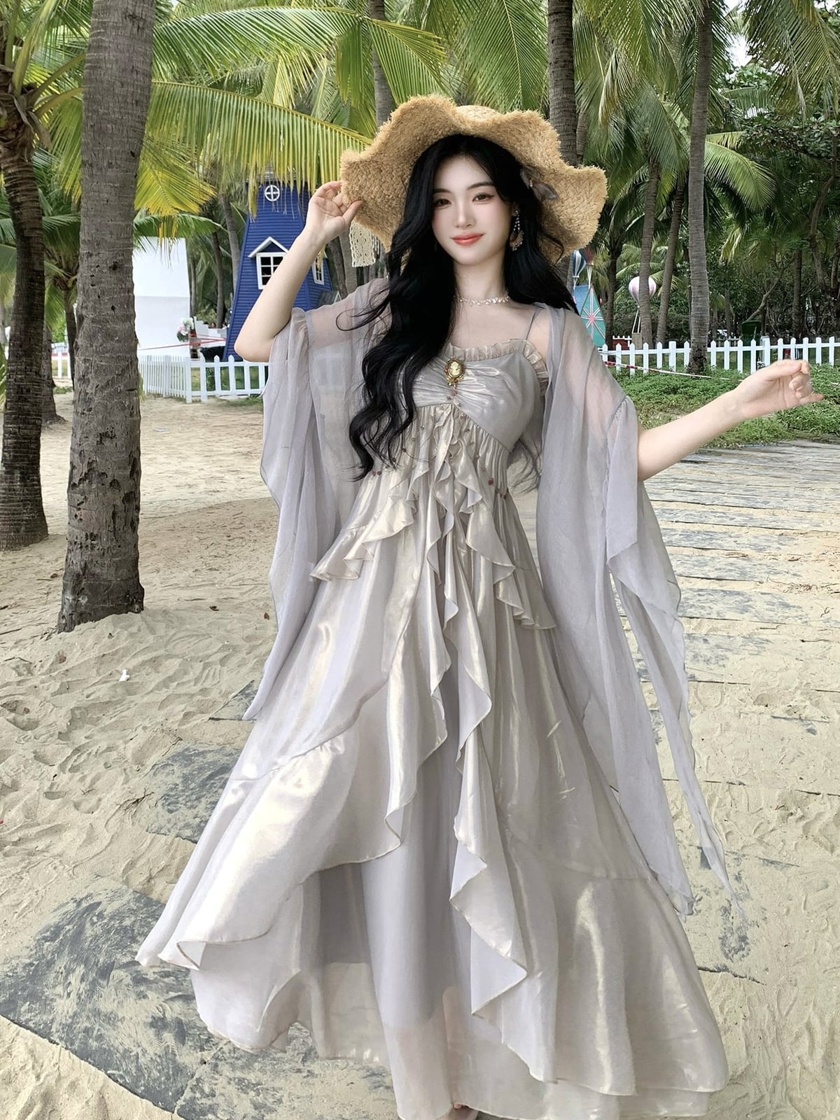 Pale Gray Shimmering Tiered Flowing Dress Pale Gray Shimmering Tiered Flowing Dress — Aesthetic Pastel Dress