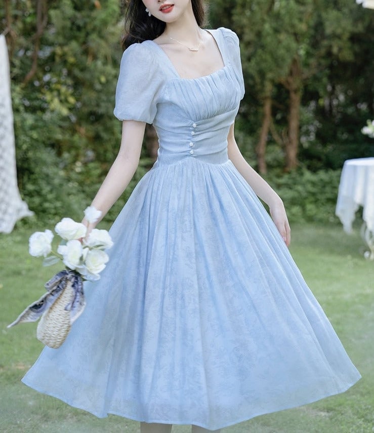 Pastel Blue Fit and Flare Square Neck Dress Pastel Blue Fit and Flare Square Neck Dress — Aesthetic Pastel Dress